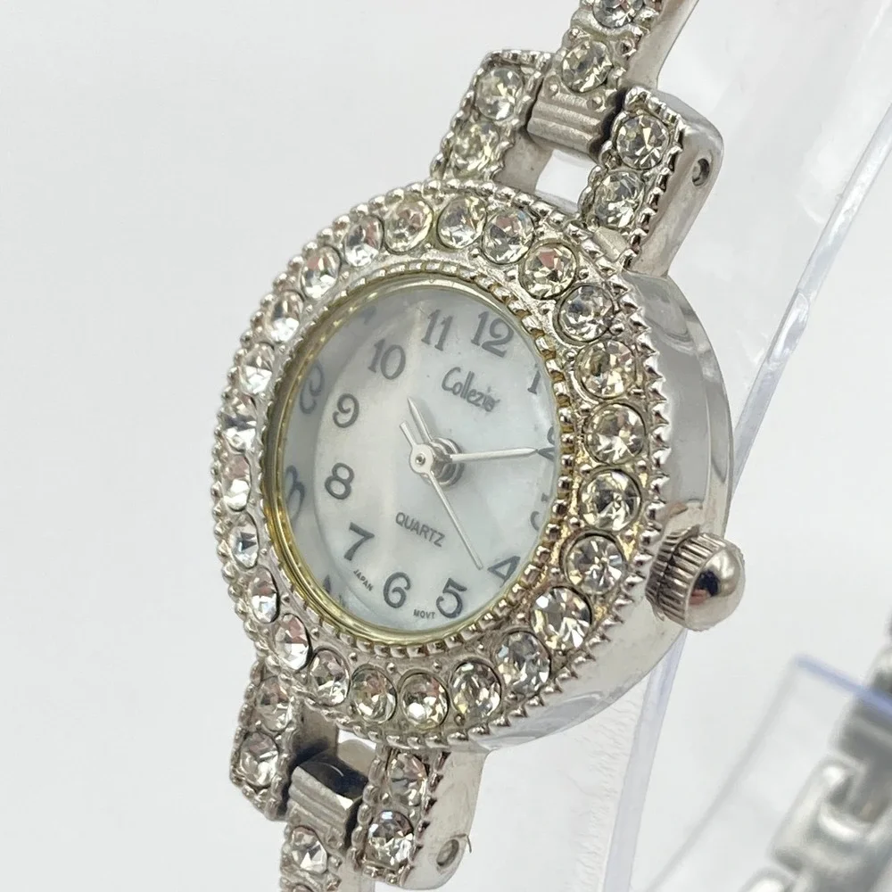 Collezio Womens Watch 22mm Silver Tone Crystals Bling MOP Dial New Battery 6.75